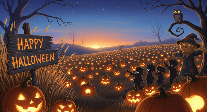 : Whimsical pumpkin patch under a twilight sky. Hundreds of pumpkins of various sizes are scattered across a field, some subtly glowing from within. A crooked wooden sign reads 'Happy Halloween.' Fami