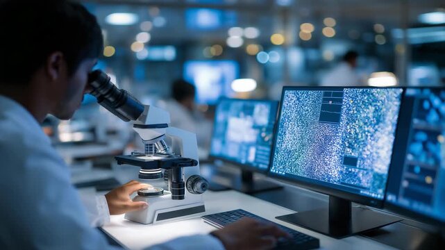 A researcher visualizes gene expression in a fluorescence lab, with microscopes glowing, slides stained, screens showing cell images, and samples in chambers, depicted in a vibrant photo with