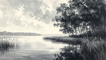 Fototapeta premium Black and white landscape of a calm lake with trees