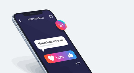 A modern smartphone displays a vibrant social media messaging app interface, featuring new notifications and interactive like buttons, symbolizing digital communication.
