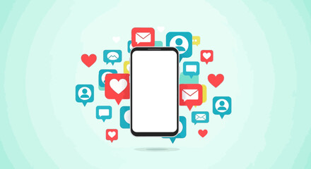 A modern smartphone with a blank screen is surrounded by a vibrant array of social media notification icons, symbolizing digital connectivity and online engagement.