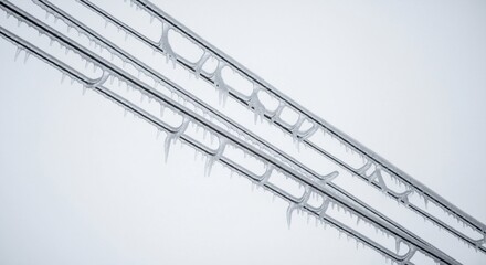 Ice-covered electrical power lines after a winter storm. Frozen cables with icicles showing the effects of freezing rain and cold weather