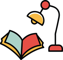 Book and lamp doodle with cozy reading theme. Relax study silhouette vector isolated.