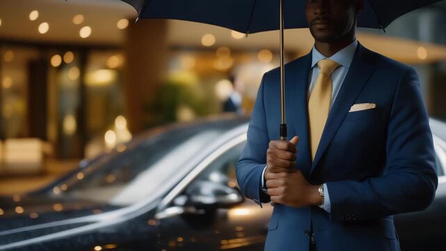 Chauffeur holding umbrella for VIP client stepping into luxury vehicle during rainy weather, symbolizing attentive service, personalized protection, luxury chauffeur-driven travel, and high-class