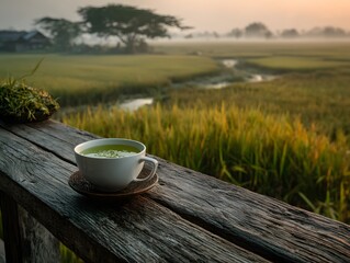 Serene, peaceful scene with a white teacup of green tea on a rustic wooden porch, overlooking a vast, misty green rice paddy at golden sunrise.