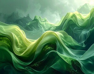 Abstract image of rolling, flowing green hills under a cloudy sky, translucent and dreamy