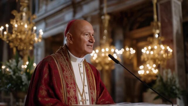 Elder cardinal in ornate red vestments delivering a solemn sermon beneath golden chandeliers in a Renaissance cathedral, symbolizing spiritual guidance, religious hierarchy, papal tradition, and