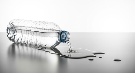 Plastic water bottle with condensation pouring water on reflective surface