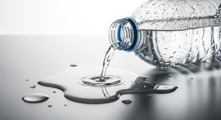 Plastic water bottle with condensation pouring water on reflective surface