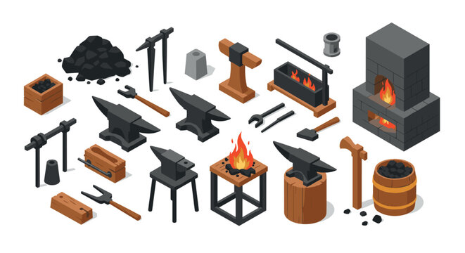 Isometric blacksmith tools and forge elements with fire and anvils