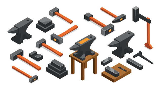 Isometric blacksmith tools: anvil and hammer set for crafting and forging