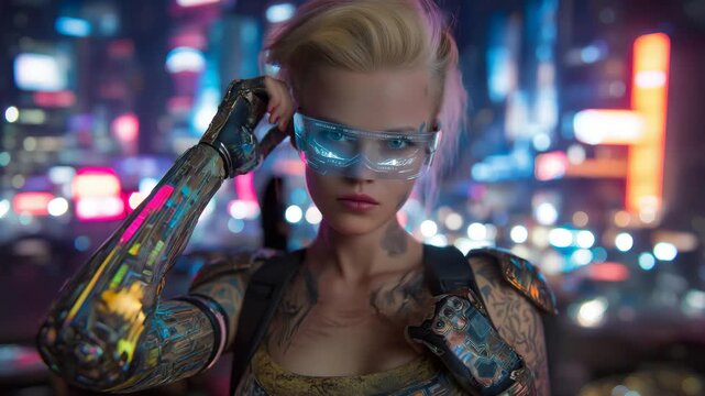 Futuristic rebel with holographic visor and vivid neon tattoos across cybernetic arms, symbolizing transhuman evolution, virtual connectivity, and advanced augmentation culture in sci-fi megacity