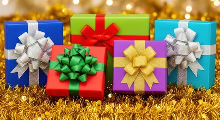 Colorful gift boxes with ribbons on golden tinsel background