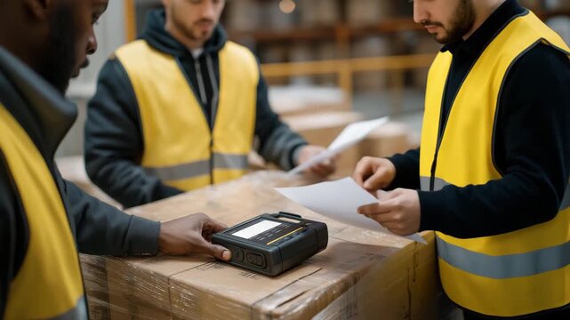 Inspecting packages in a snowy warehouse, a team checks plastic-wrapped pallets, their surfaces slick, with a metal scanner, its screen scratched. A paper logbook, its edges curled, rests on a