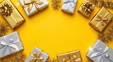 Silver and gold gift boxes with ribbons on yellow background