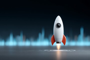 A white and orange toy rocket is launching against a dark,abstract blue background.