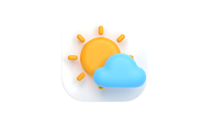 A 3d icon representing weather, with a bright yellow sun and a fluffy blue cloud, isolated on transparent background