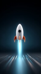 A stylized,white cartoon rocket launching upwards with a bright blue thrust against a dark,stylized background.