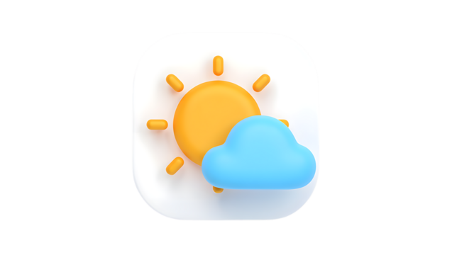 A 3d icon representing weather, with a bright yellow sun and a fluffy blue cloud, isolated on transparent background