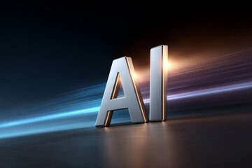 3D rendering of metallic 'AI' text against a dark,light-streaked background.