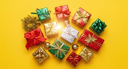 Silver and gold gift boxes with ribbons on yellow background