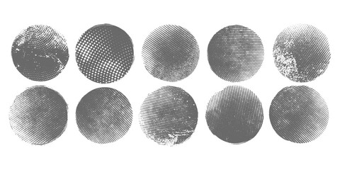 Set of ten distressed halftone dot circles for graphic design textures