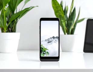 Smartphone on a white table with two houseplants
