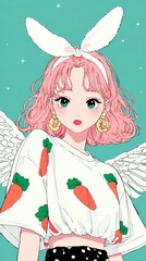 Anime-style girl with pink hair,bunny ears,carrot shirt,and angel wings against a teal background.