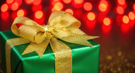 Green gift box with golden ribbon and bow on red bokeh background