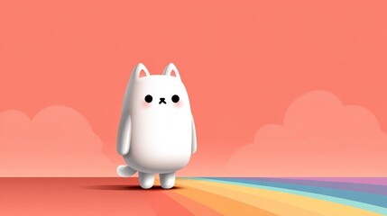 Cute white cat character standing on a rainbow path against a coral sky.