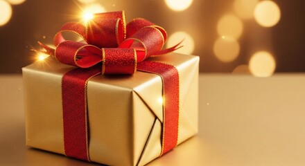 Golden gift box with red ribbon and bow on festive background