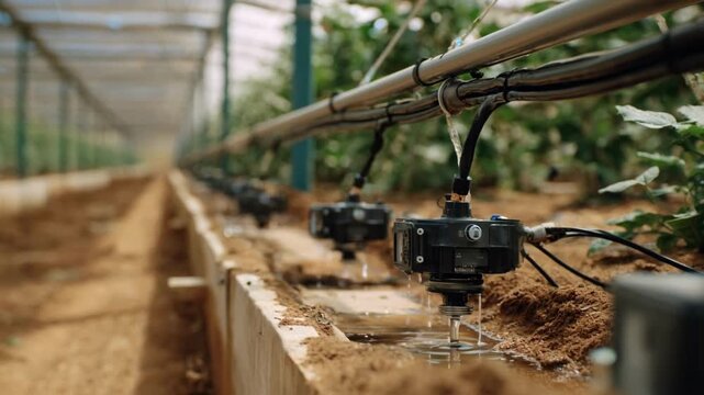 Medium shot captures sensors and automated drip lines in a rainwater harvesting setup demonstrating innovative waterwise strategies for efficient orchard irrigation.