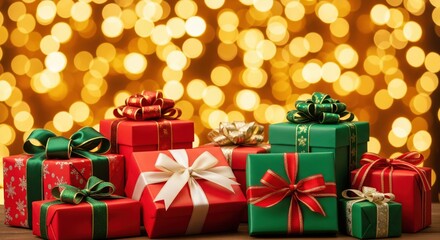 Christmas gift boxes with red and green ribbons on golden festive background