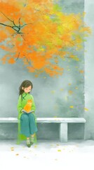 A girl in green reading a book with a cat on her lap under autumn foliage.