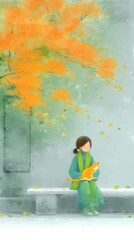 A serene autumn scene featuring a girl reading with an orange cat on a stone bench under vibrant foliage.