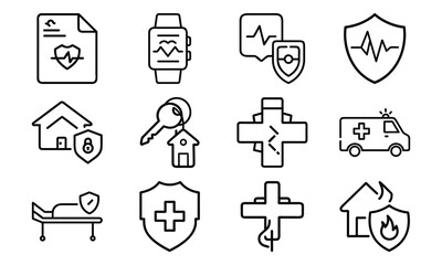 Fototapeta premium Health and Medical Insurance Line Icons Set – Editable Vector Pack for Healthcare, Hospital, and Emergency Services | Modern Outline Icons of Medical Protection, Ambulance, and Safety Symbols