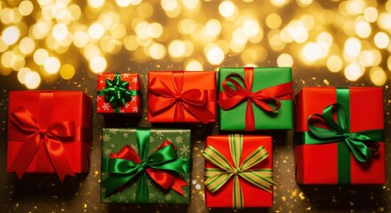 Christmas gift boxes with red and green ribbons on golden festive background