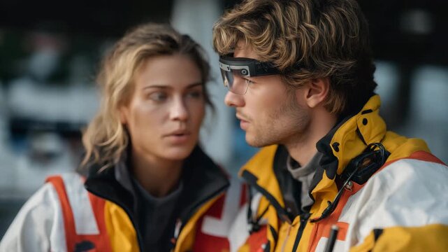 Paramedics in 911 medical response units using augmented reality glasses for real-time patient data &mdash; futuristic rescue team wearing AR glasses overlaying holographic vitals, medication