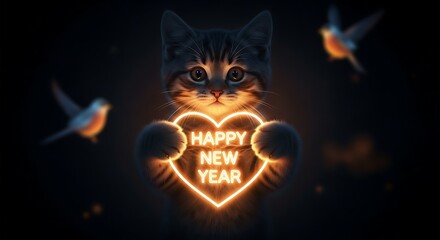 Tabby kitten proudly holds a glowing Happy New Year heart while two birds fly by