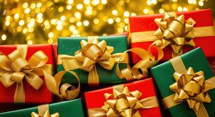 Christmas gift boxes with red and green ribbons on golden festive background