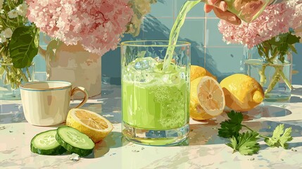 Vibrant Green Detox Drink Being Poured with Fresh Produce and Pink Hydrangeas in Background