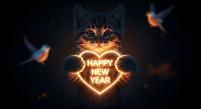 Tabby kitten proudly holds a glowing Happy New Year heart while two birds fly by