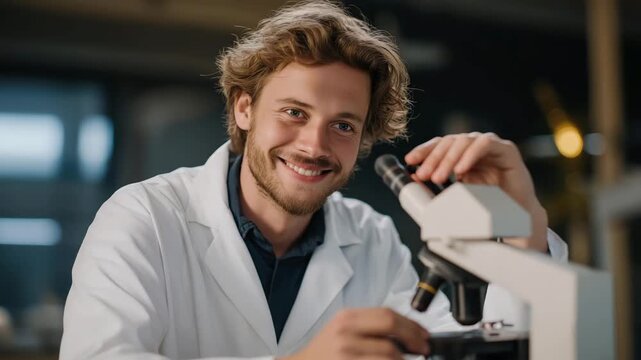 Researcher adjusting microscope connected to neural network analyzer predicting molecular properties, emotion of precision visible, representing AI-driven materials analysis, digital