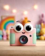 Cute,cartoonish pink instant camera with large,expressive eyes and a small smile.
