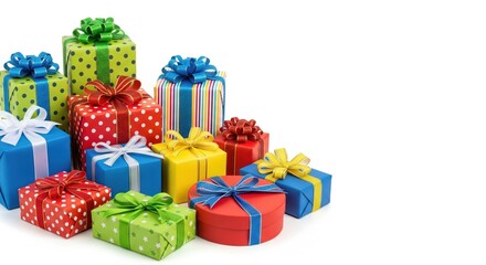 Collection of colorful gift boxes with shiny ribbons and bows arranged together on a white background. Perfect for birthdays, celebrations, parties, Christmas, New Year, and festive design concepts.