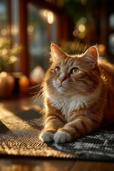 A fluffy orange tabby cat bathed in warm backlighting,resting contentedly indoors.