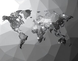 Abstract gray-toned world map with connected points over a polygonal textured background