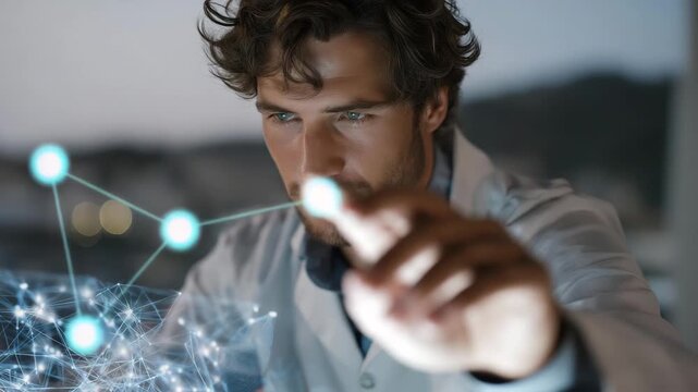 Scientist analyzing holographic genome visualization with bright data points, emotion of fascination visible, representing bioinformatics, AI genetics, and next-gen healthcare data visualization.