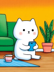 A cute white cat character sitting indoors using a smartphone.