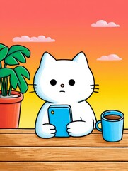 White cartoon cat looking at a phone with a coffee cup and a plant outdoors at sunset.